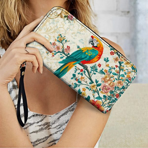 Leather Clutch Purse With Wristlet Strap Handle Macaw Enchantment - Image 2