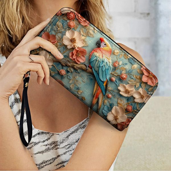 Leather Clutch Purse With Wristlet Strap Handle Macaw Majesty - Image 2