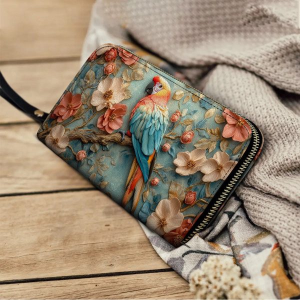 Leather Clutch Purse With Wristlet Strap Handle Macaw Majesty - Image 3