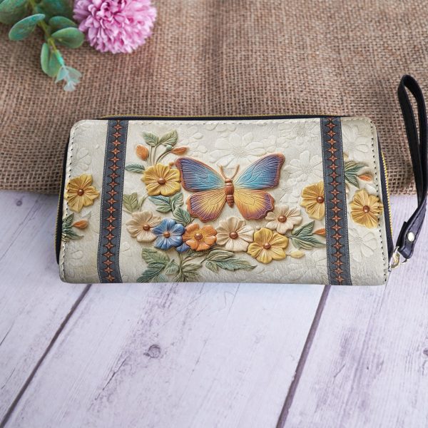 Leather Clutch Purse With Wristlet Strap Handle Butterfly Enchantment - Image 2