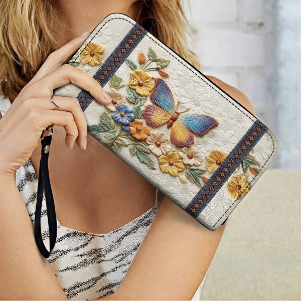 Leather Clutch Purse With Wristlet Strap Handle Butterfly Enchantment - Image 3