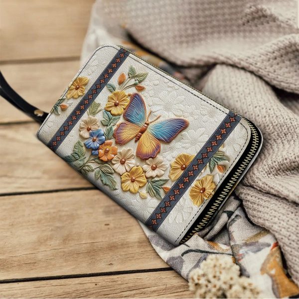 Leather Clutch Purse With Wristlet Strap Handle Butterfly Enchantment - Image 5