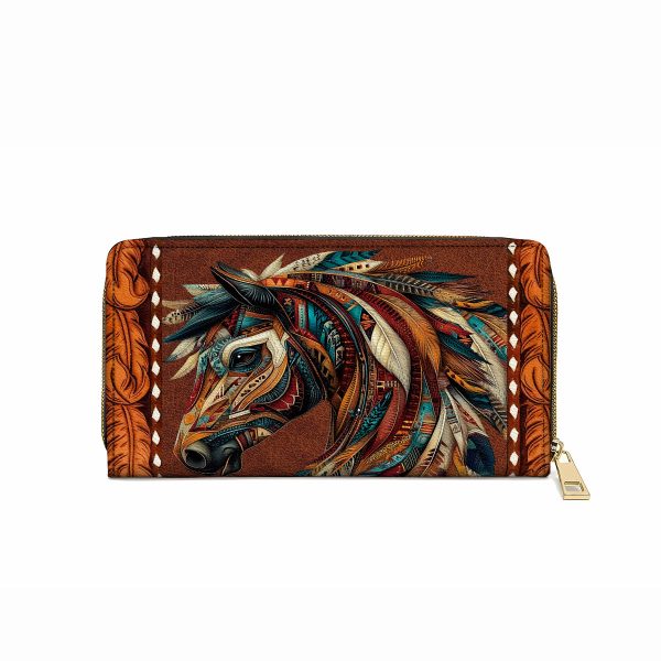 Leather Clutch Purse With Wristlet Strap Handle Tribal Horse Majesty