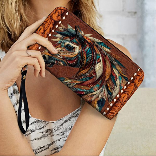 Leather Clutch Purse With Wristlet Strap Handle Tribal Horse Majesty - Image 2