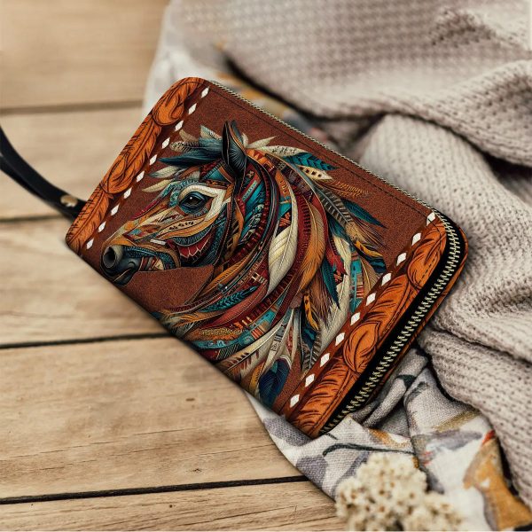 Leather Clutch Purse With Wristlet Strap Handle Tribal Horse Majesty - Image 3
